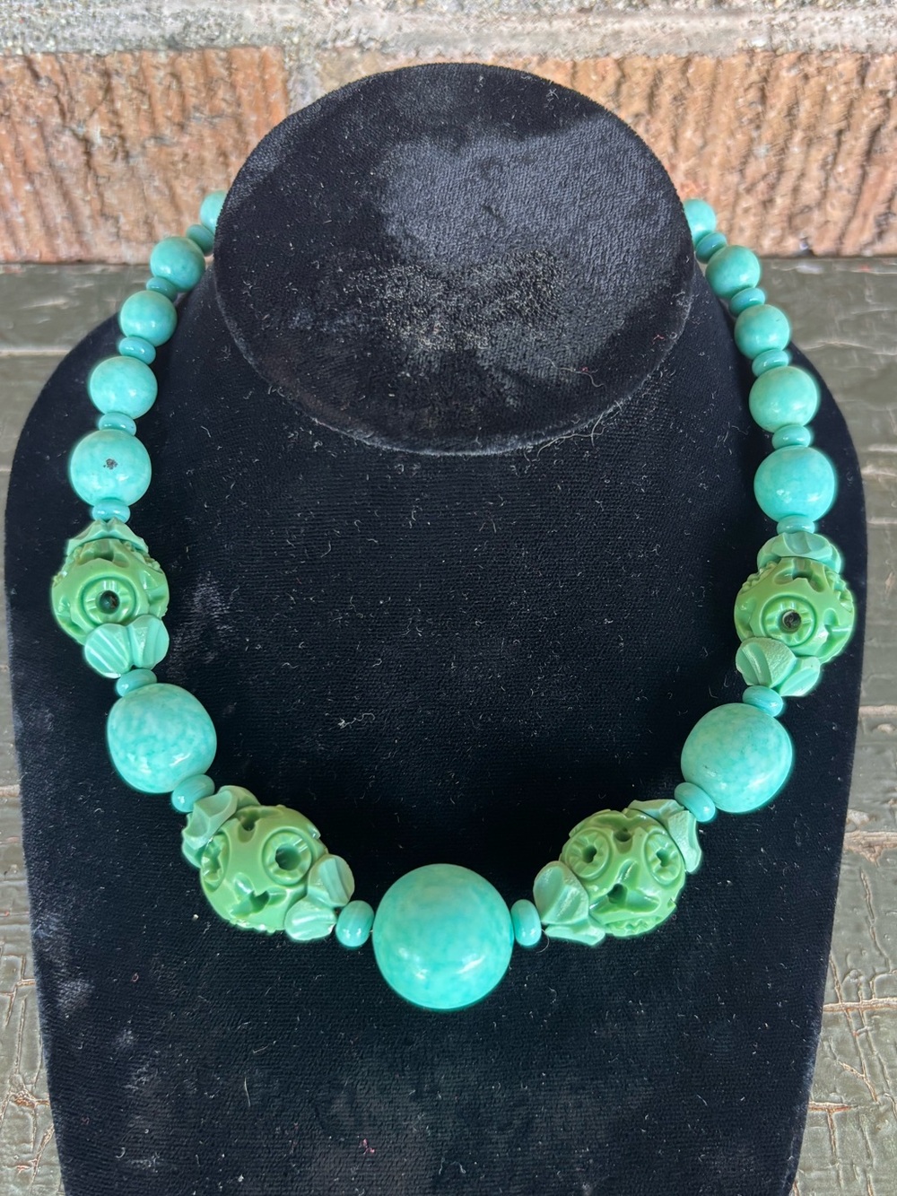VTG Art Deco Louis Rousselet Galalith Necklace Turquoise Carved Made In France